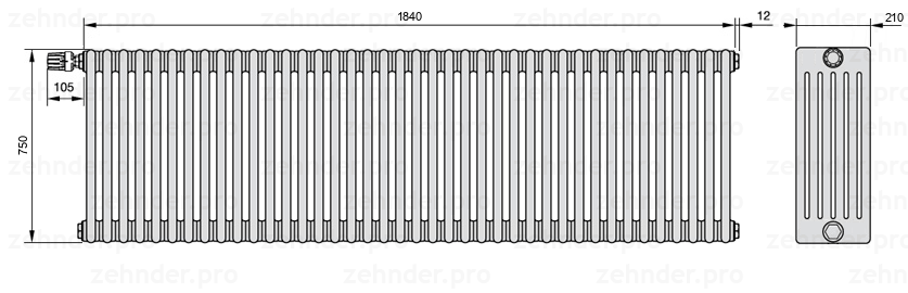 Схема (чертеж) Радиатор Zehnder Charleston 6075/40 №V012 Белый глянцевый RAL 9016
